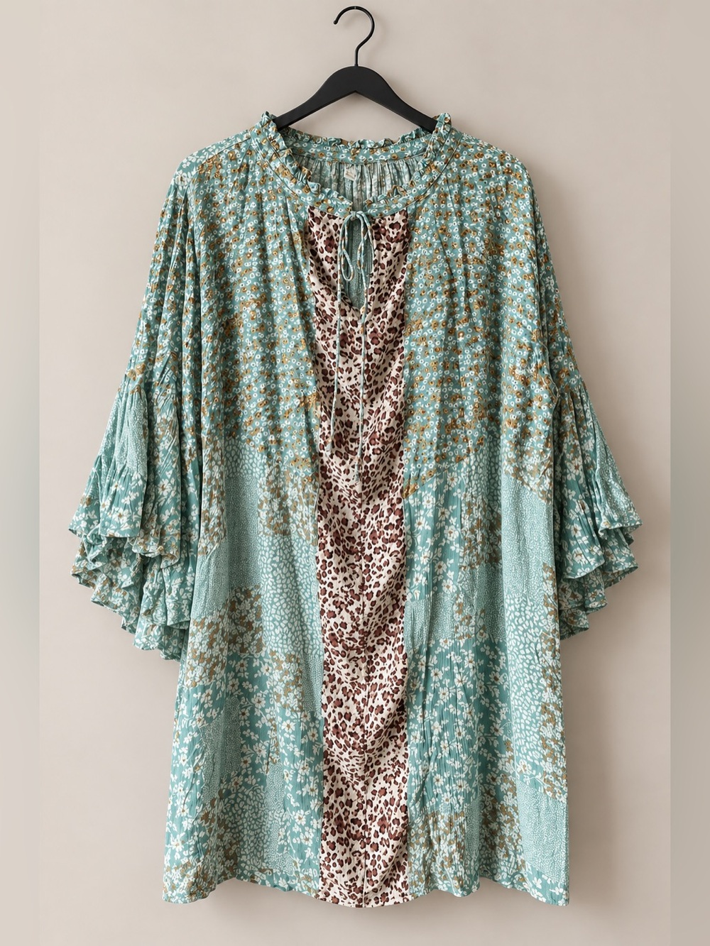 Blue Green Floral Multi Patchwork Animal Tie Dress Top Boho Umgee EUC XL #1184